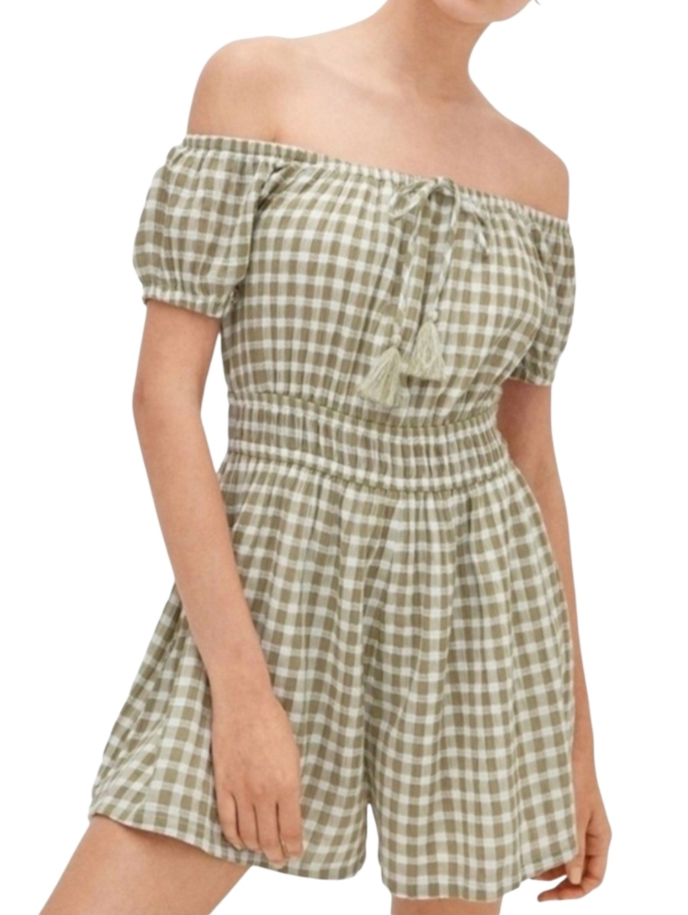 American Eagle Green & Cream Gingham Romper Size Small